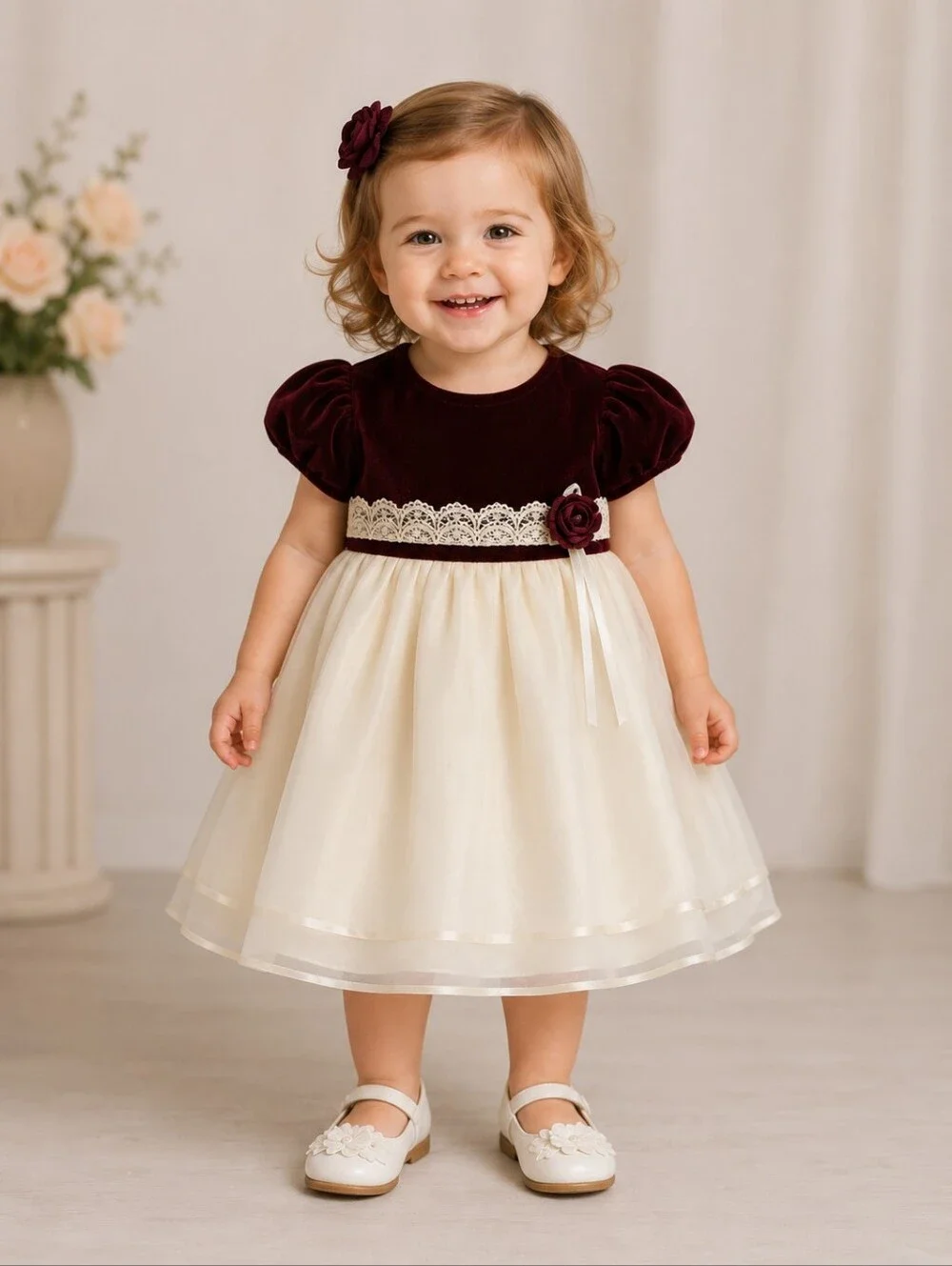 ROSE COTTAGE Burgundy and Ivory Velvet Tulle 2T Toddler Tie Back Dress with Lace